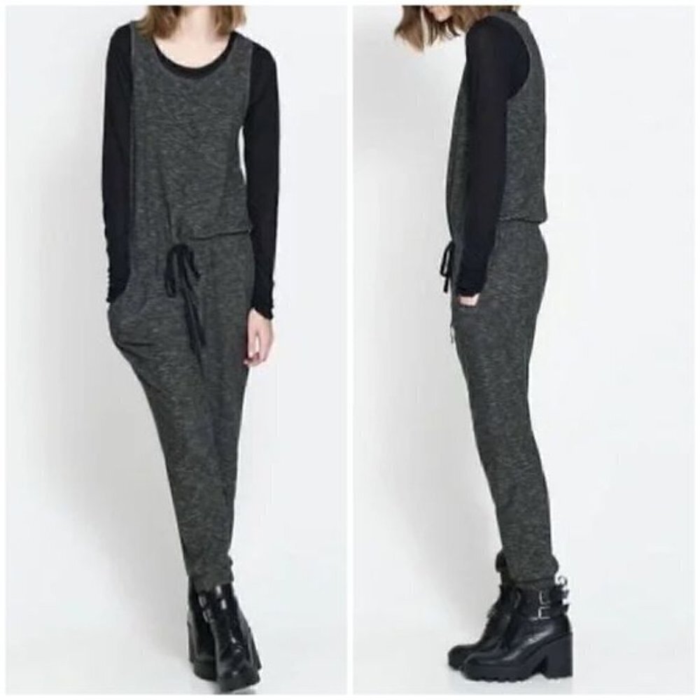 Zara Trafaluc Marled Heathered Gray Sleeveless Lounge Jumpsuit Jogger Sz S